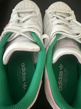 adidas White Leather Sneakers with Green Interior and Pink Trim
